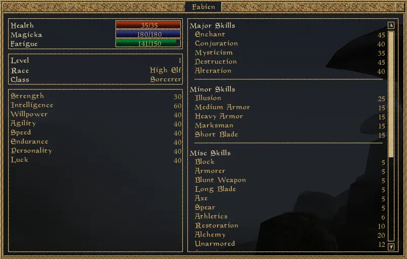 Screenshot of Morrowind's character menu