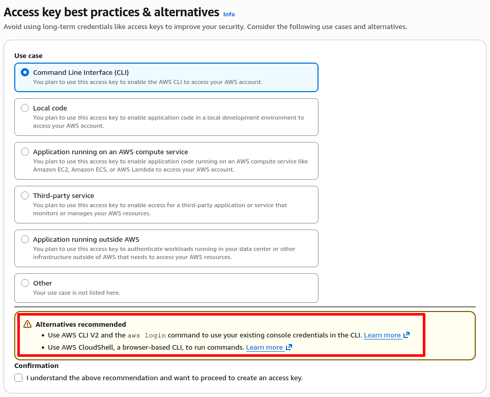 Screenshot of AWS CLI recommendation